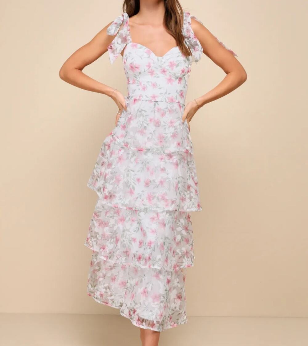 Lulus Endlessly Gorgeous White Floral Burnout Tie-Strap Midi Dress White Multi